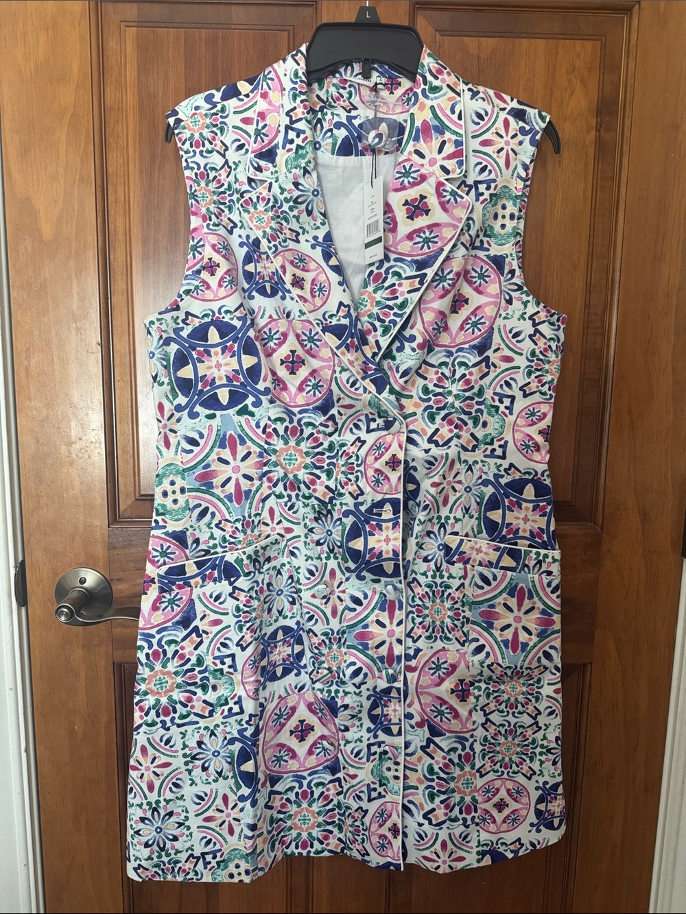 Hermoza Sleeveless Midi Dress in Pink, Navy & Mint Tile Motif